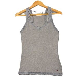 Vintage Hollister Lace Trim V Neck Racerback Tank Top Womens L Gray